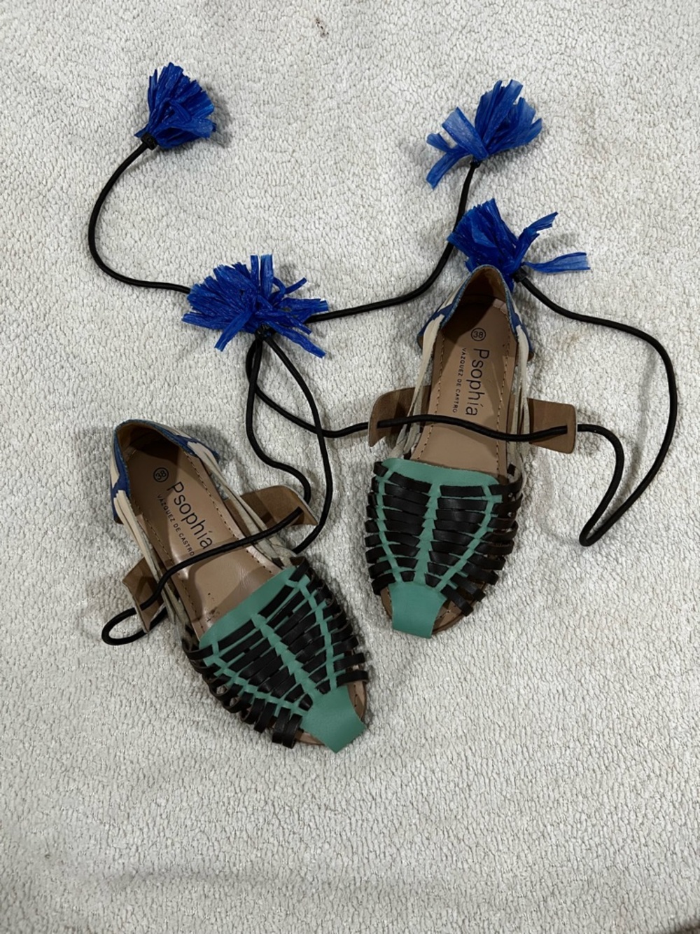 PSophia Woven Huarache Sandals in Teal and Black